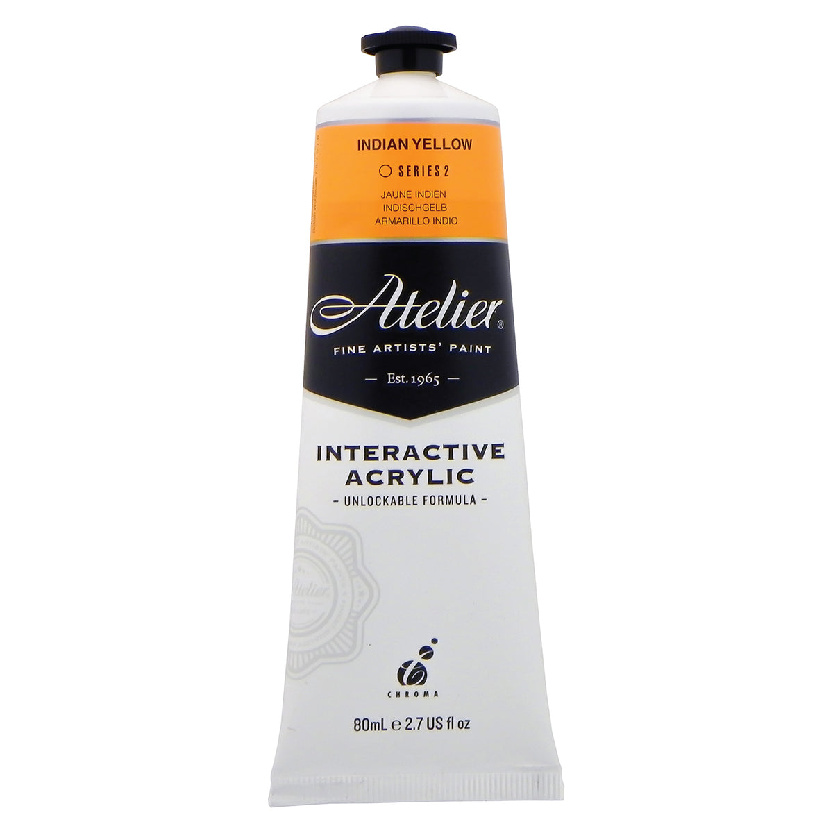 Chroma Atelier Interactive Indian Yellow 80ml tube, front label showing INDIAN YELLOW, Series 2 and Interactive Acrylic, Unlockable Formula
