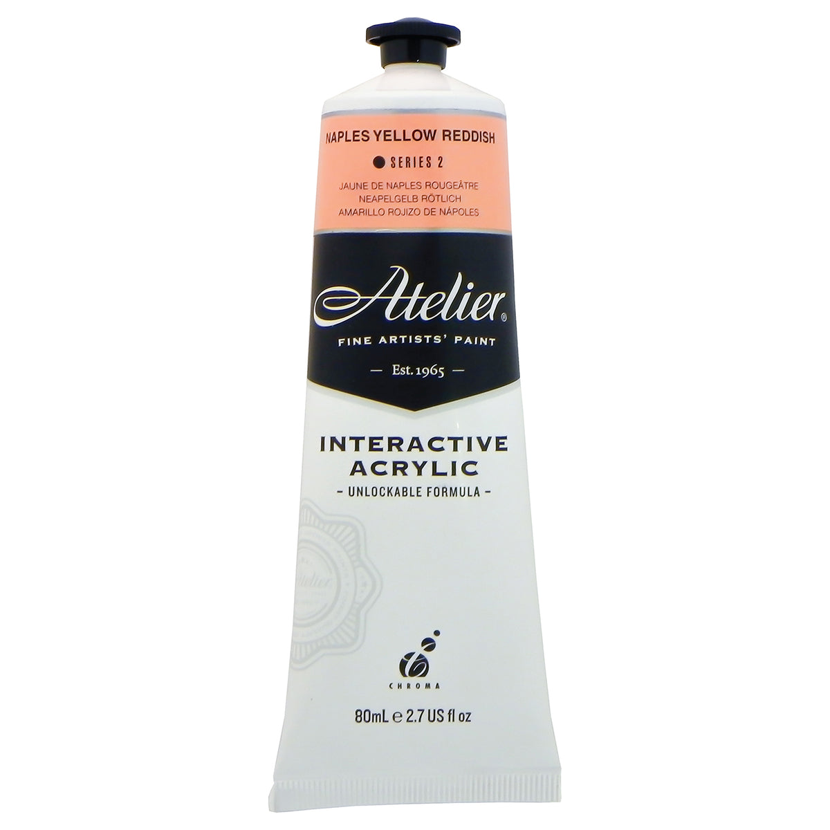 Chroma Atelier Interactive Naples Yellow Reddish 80ml tube, front label showing NAPLES YELLOW REDDISH, Series 2 and Interactive Acrylic, Unlockable Formula