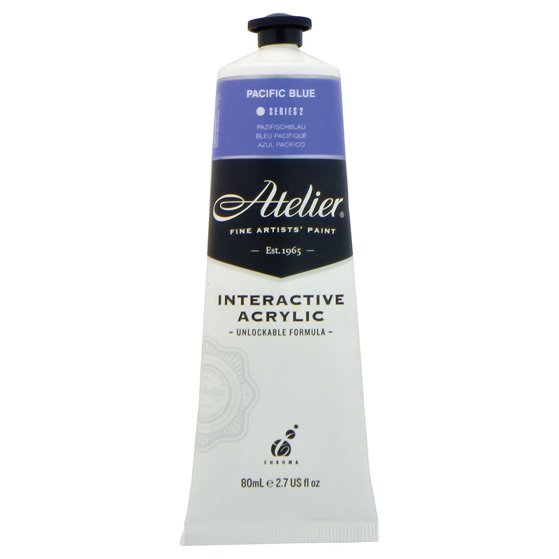 Chroma Atelier Interactive Pacific Blue 80ml tube, front label showing PACIFIC BLUE, Series 2 and Interactive Acrylic, Unlockable Formula
