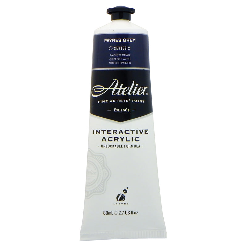 Chroma Atelier Interactive Paynes Grey 80ml tube, front label showing PAYNES GREY, Series 2 and Interactive Acrylic, Unlockable Formula