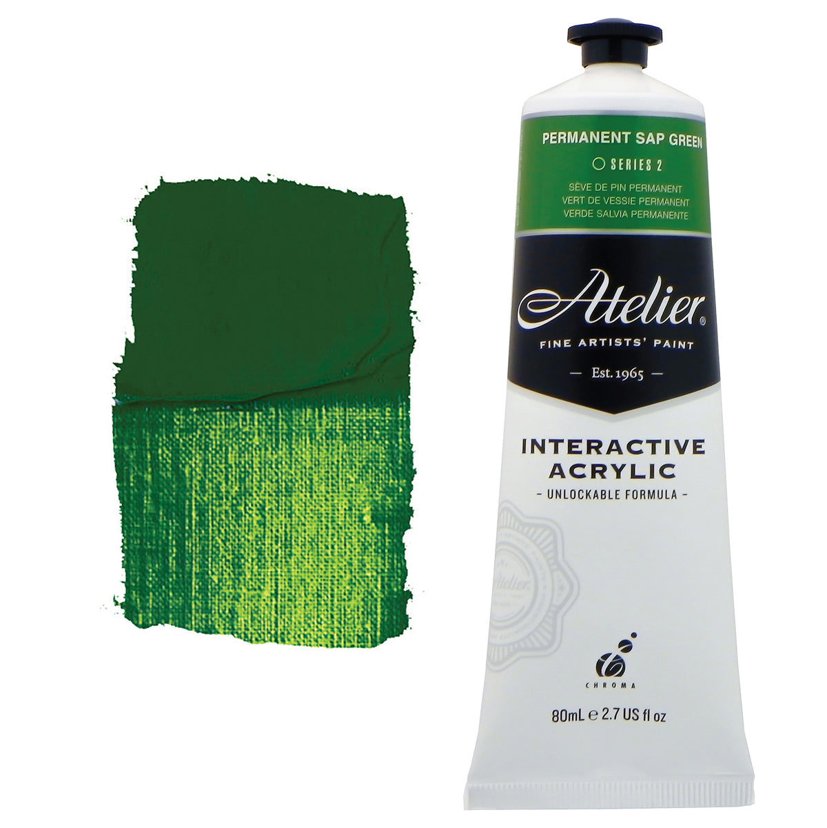 Chroma Atelier Interactive Acrylic Paint 80ml Permanent Sap Green: tube with green label band beside a painted swatch of leafy deep green