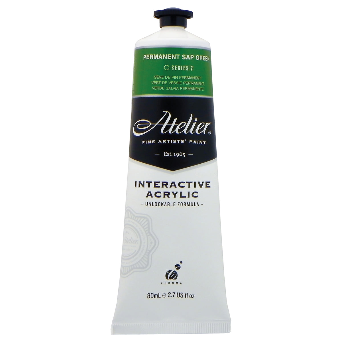 Chroma Atelier Interactive Permanent Sap Green 80ml tube, front label showing PERMANENT SAP GREEN, Series 2 and Interactive Acrylic, Unlockable Formula