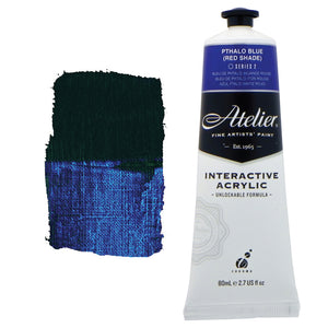 Chroma Atelier Interactive Acrylic Paint 80ml Pthalo Blue (Red Shade): tube with a royal blue colour band beside a painted swatch of a near-black navy that lifts to bright royal blue in the thinner lower band
