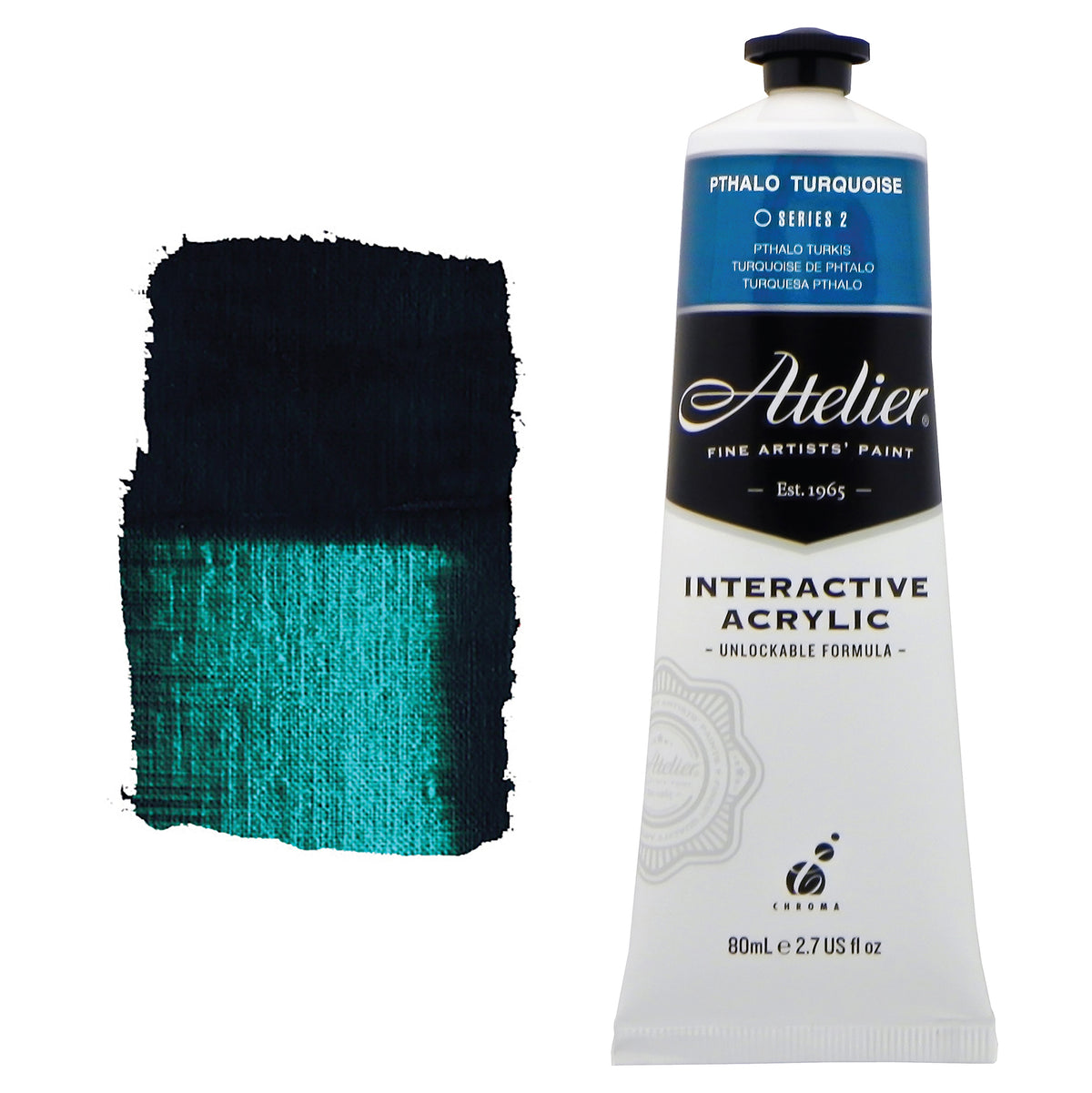 Chroma Atelier Interactive Acrylic Paint 80ml Pthalo Turquoise: tube with a teal blue colour band beside a painted swatch of a dark teal that thins to a glowing sea-green turquoise