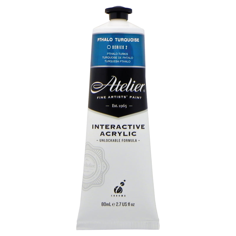 Chroma Atelier Interactive Acrylic Paint 80ml Pthalo Turquoise: front of the tube showing the teal blue band, Series 2 and the Interactive Acrylic Unlockable Formula label