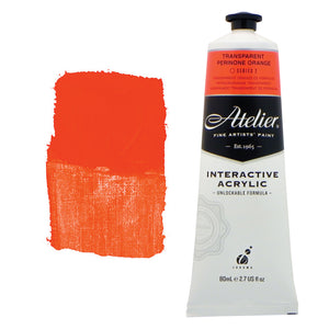 Chroma Atelier Interactive Acrylic Paint 80ml Transparent Perinone Orange: tube with a bright orange-red colour band beside a painted swatch of a fiery, hot red-orange