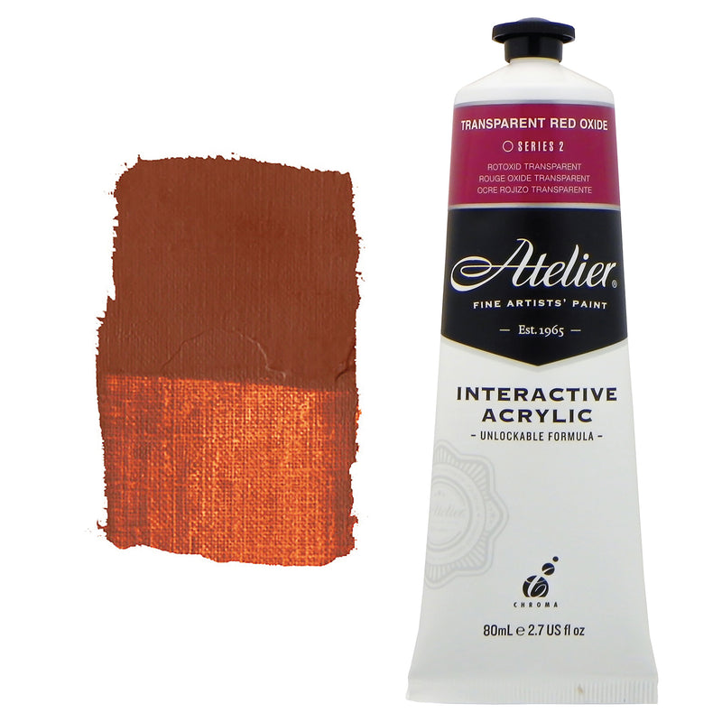 Chroma Atelier Interactive Acrylic Paint 80ml Transparent Red Oxide: tube with a deep crimson colour band beside a painted swatch of a rusty brick brown with a copper-orange glow in the thin band