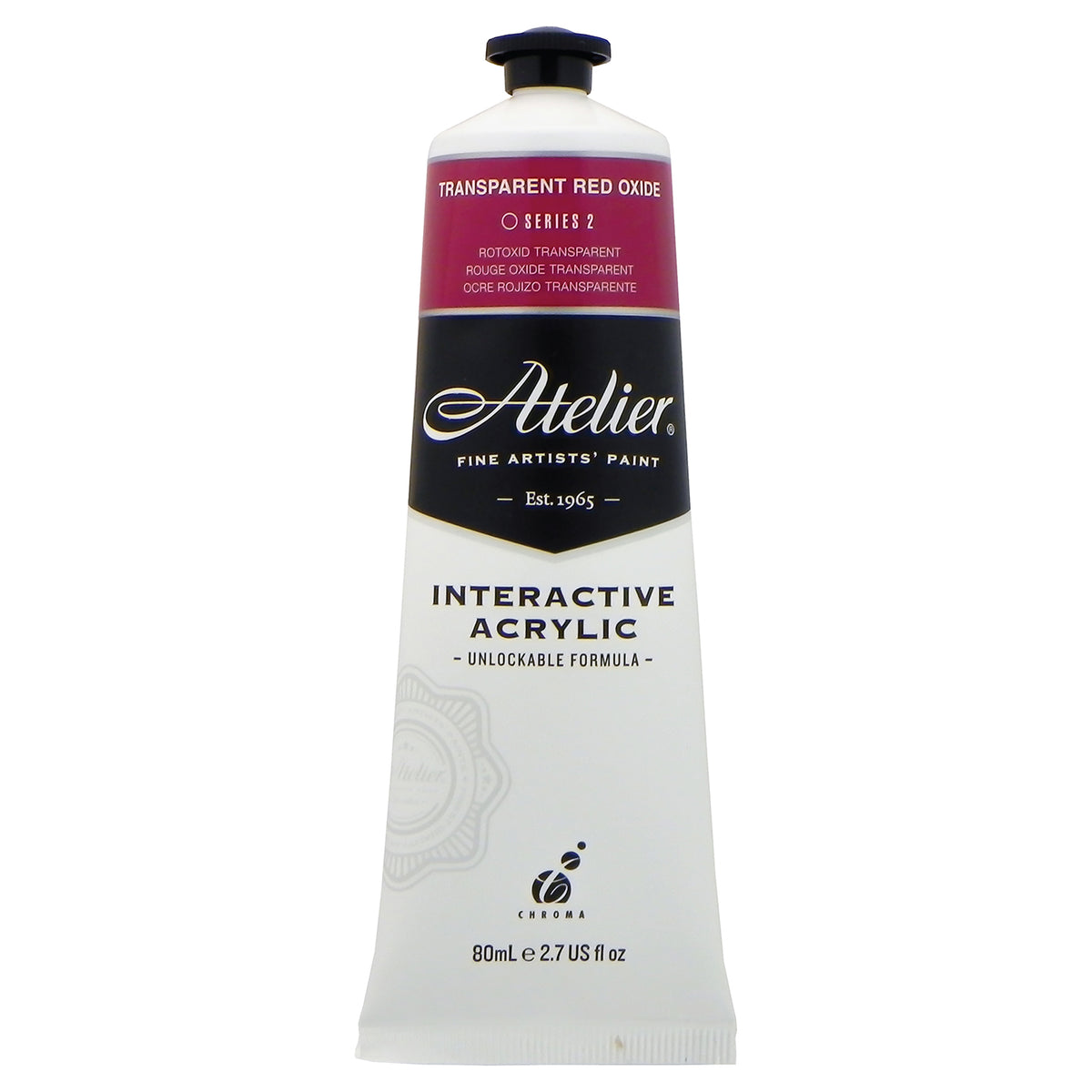 Chroma Atelier Interactive Acrylic Paint 80ml Transparent Red Oxide: front of the tube showing the deep crimson band, Series 2 and the Interactive Acrylic Unlockable Formula label