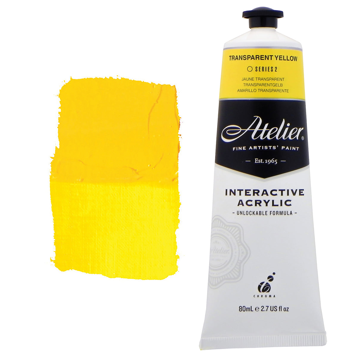 Chroma Atelier Interactive Acrylic Paint 80ml Transparent Yellow: tube with a lemon yellow colour band beside a painted swatch of a clear, sunny lemon-to-buttercup yellow