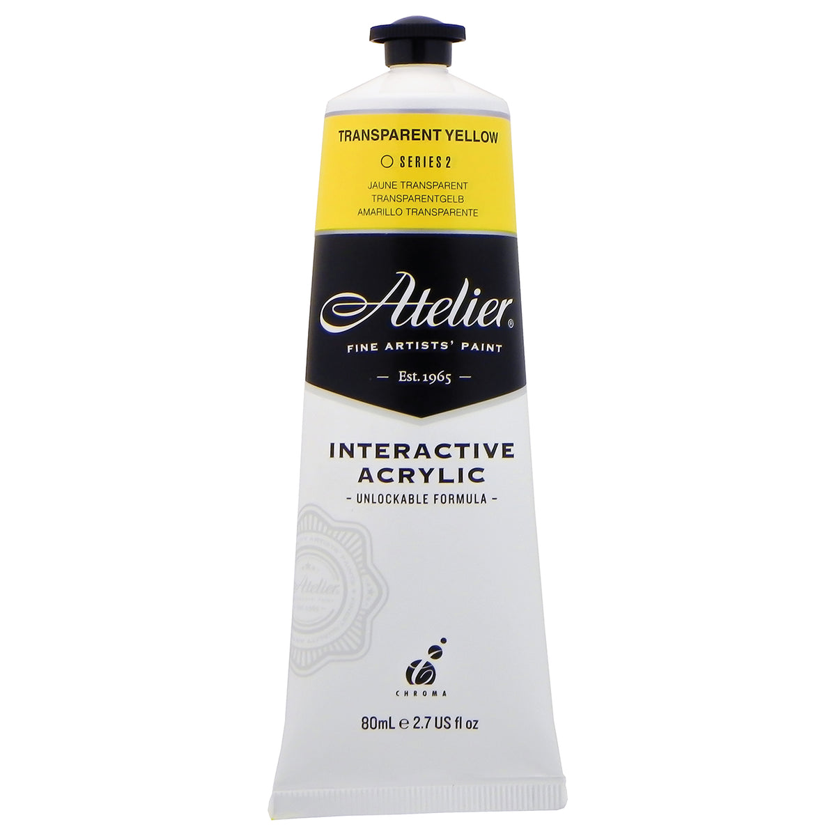 Chroma Atelier Interactive Acrylic Paint 80ml Transparent Yellow: front of the tube showing the lemon yellow band, Series 2 and the Interactive Acrylic Unlockable Formula label