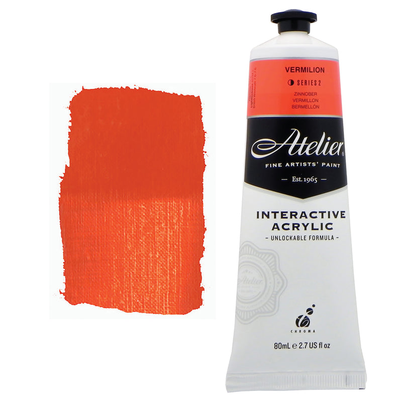 Chroma Atelier Interactive Acrylic Paint 80ml Vermilion: tube with an orange-red colour band beside a painted swatch of a warm, orange-leaning scarlet