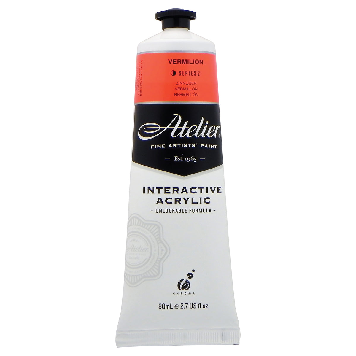Chroma Atelier Interactive Acrylic Paint 80ml Vermilion: front of the tube showing the orange-red band, Series 2 and the Interactive Acrylic Unlockable Formula label