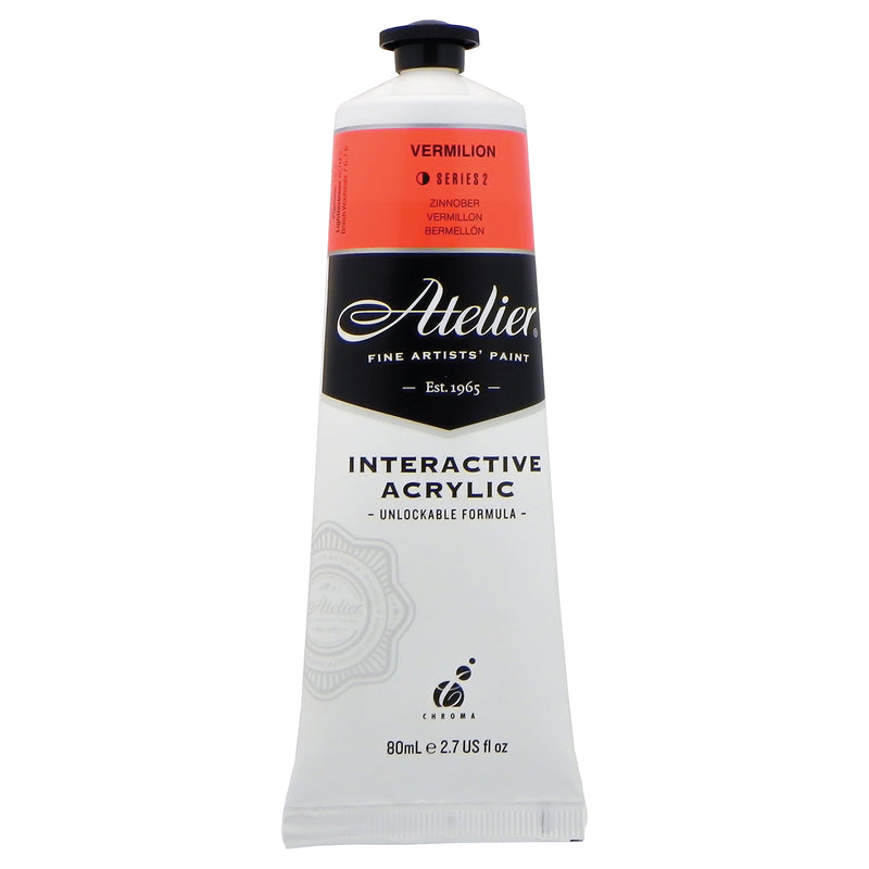 Chroma Atelier Interactive Acrylic Paint 80ml Vermilion: front of the tube showing the orange-red band, Series 2 and the Interactive Acrylic Unlockable Formula label