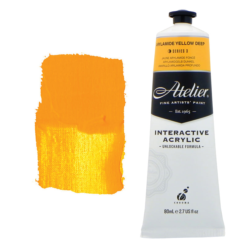 Chroma Atelier Interactive Acrylic Paint 80ml Arylamide Yellow Deep: tube with a marigold colour band beside a painted swatch of a warm, orange-leaning marigold yellow