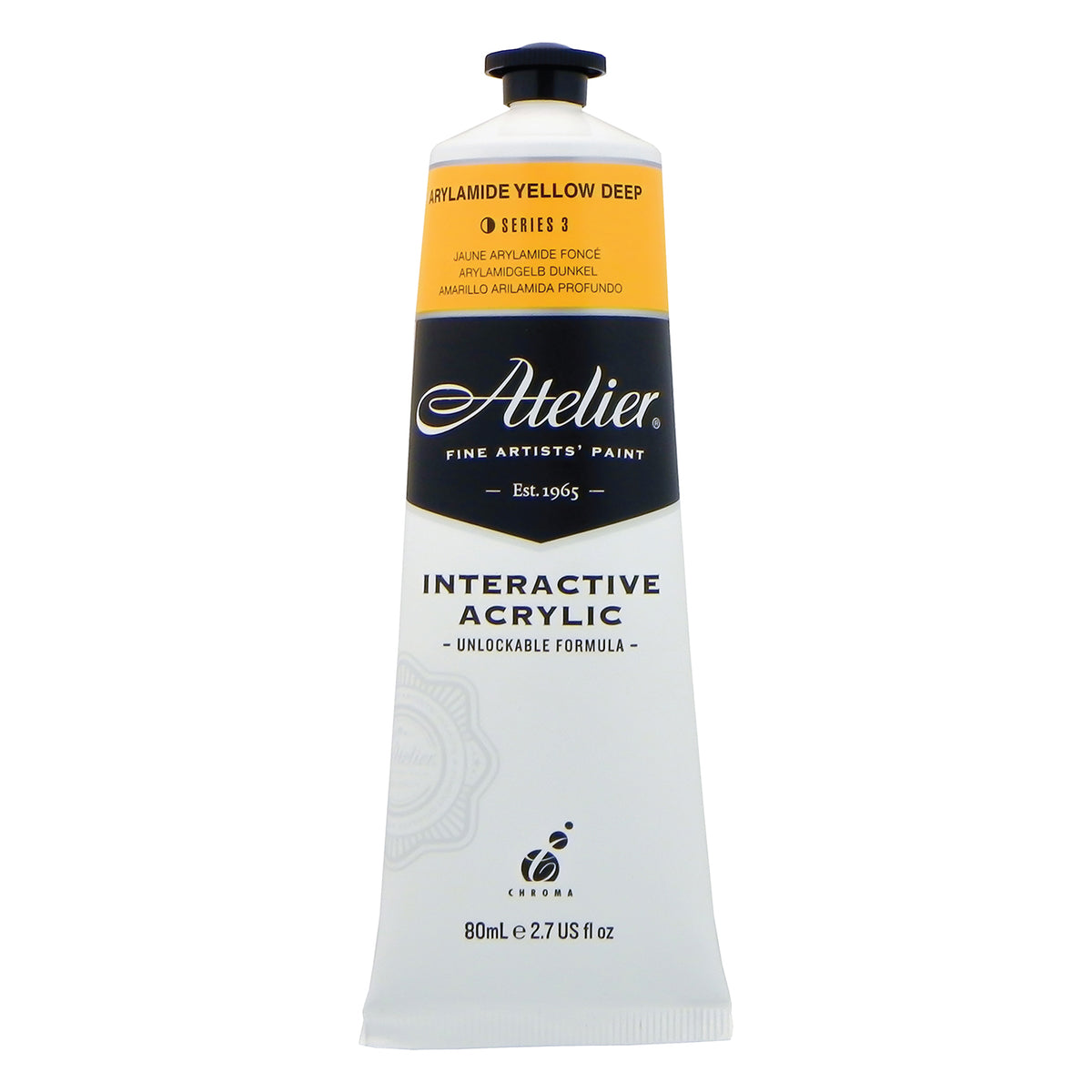 Chroma Atelier Interactive Acrylic Paint 80ml Arylamide Yellow Deep: front of the tube showing the marigold band, Series 3 and the Interactive Acrylic Unlockable Formula label