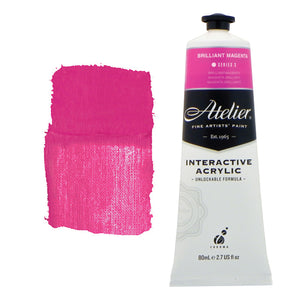 Chroma Atelier Interactive Acrylic Paint 80ml Brilliant Magenta: tube with a hot pink colour band beside a painted swatch of a vivid, hot-pink magenta