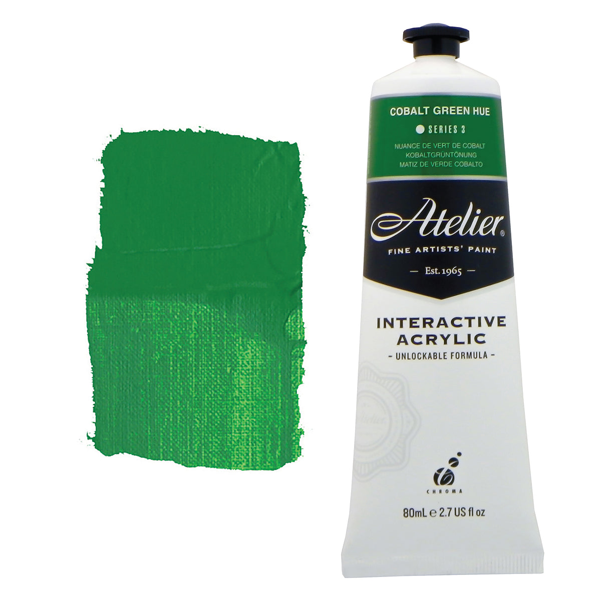 Chroma Atelier Interactive Acrylic Paint 80ml Cobalt Green Hue: tube with a forest green colour band beside a painted swatch of a fresh, grassy emerald-leaning green