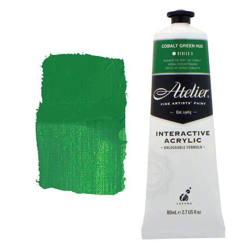 Chroma Atelier Interactive Acrylic Paint 80ml Cobalt Green Hue: tube with a forest green colour band beside a painted swatch of a fresh, grassy emerald-leaning green