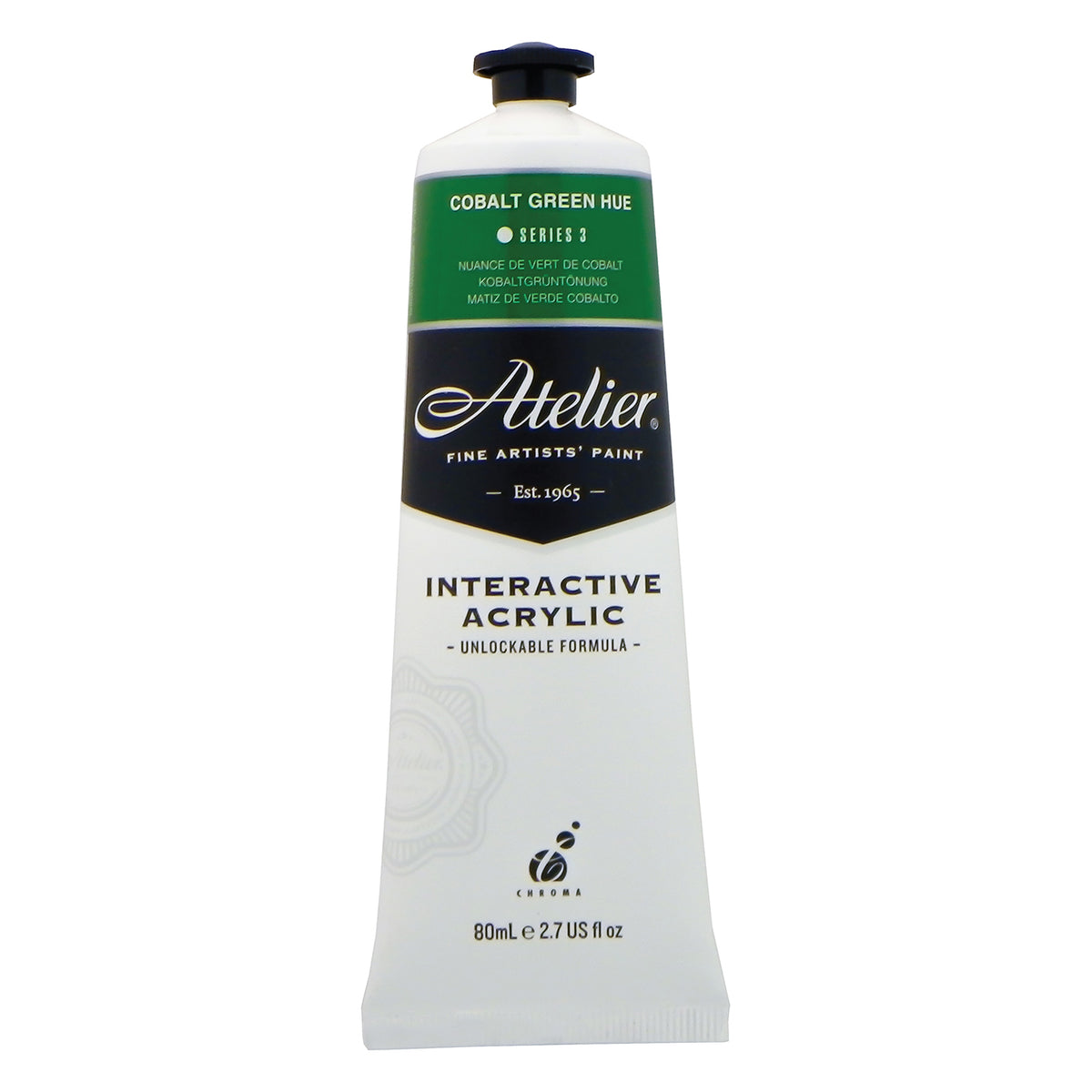 Chroma Atelier Interactive Acrylic Paint 80ml Cobalt Green Hue: front of the tube showing the forest green band, Series 3 and the Interactive Acrylic Unlockable Formula label