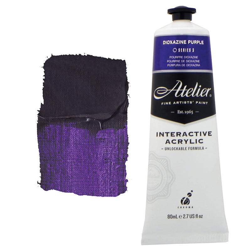 Chroma Atelier Interactive Acrylic Paint 80ml Dioxazine Purple: tube with a deep violet colour band beside a painted swatch of a near-black aubergine that opens into violet when thinned