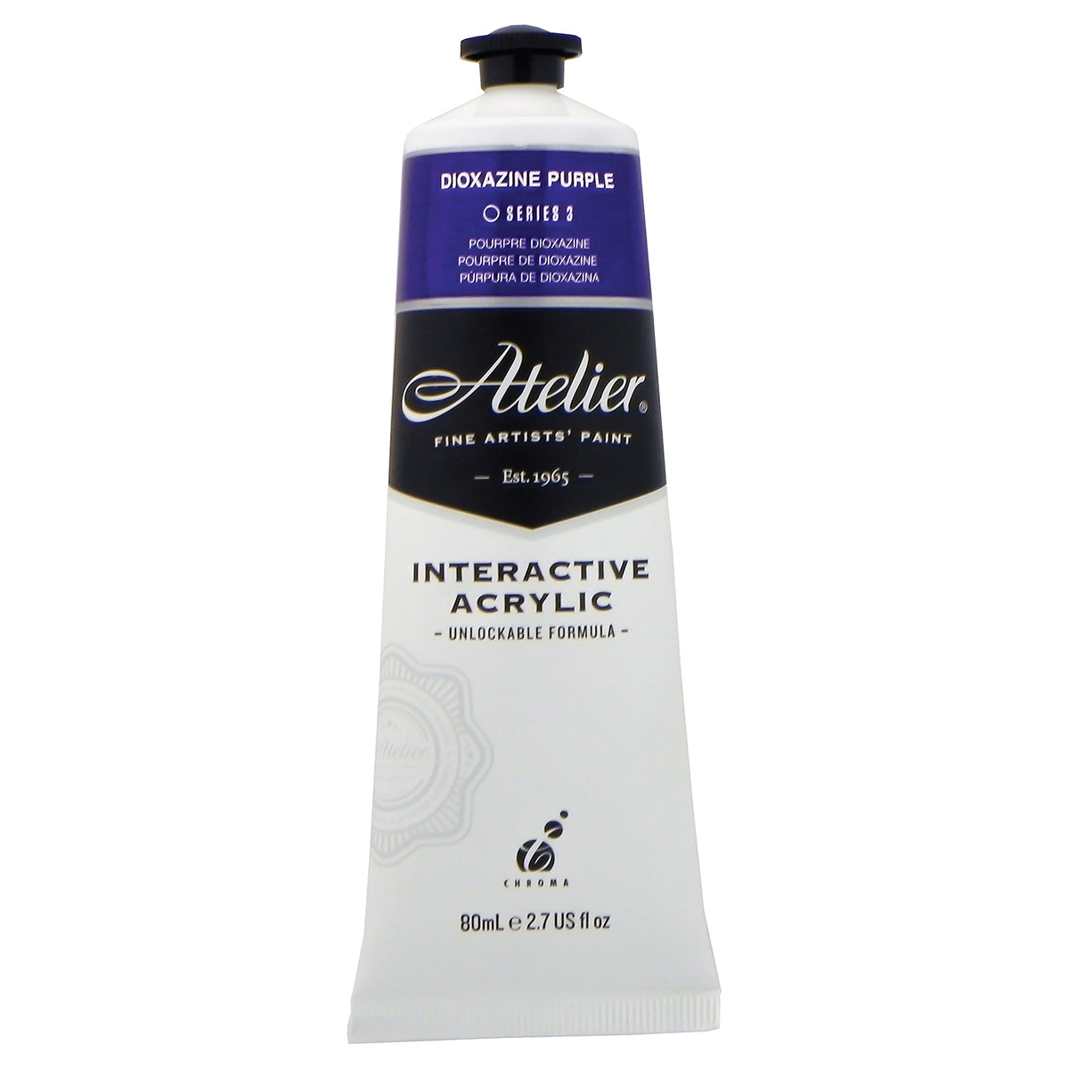 Chroma Atelier Interactive Acrylic Paint 80ml Dioxazine Purple: front of the tube showing the deep violet band, Series 3 and the Interactive Acrylic Unlockable Formula label