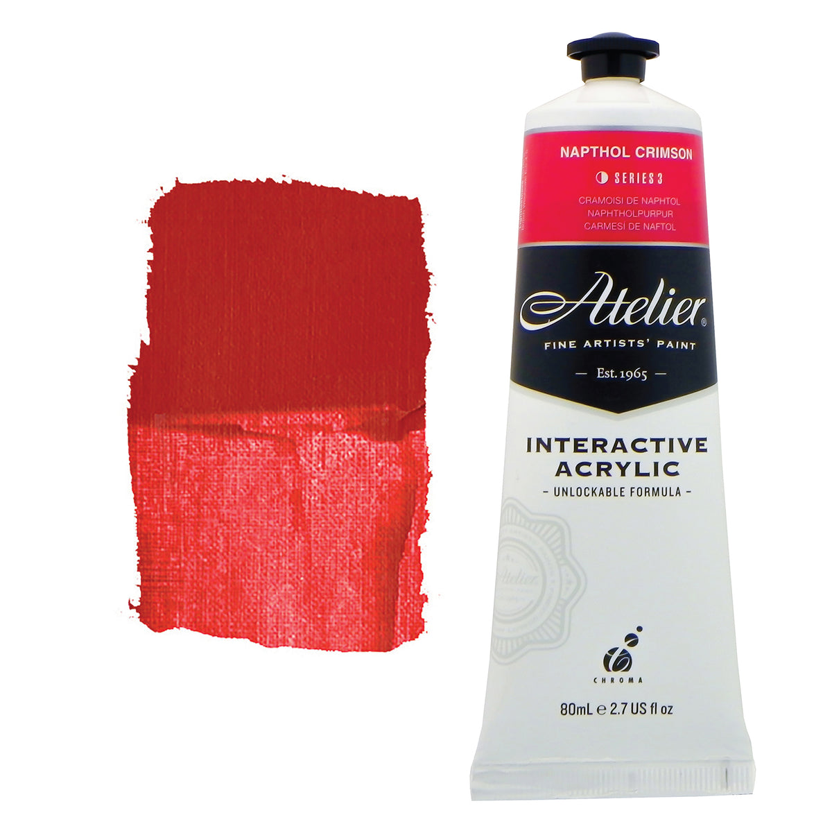 Chroma Atelier Interactive Acrylic Paint 80ml Napthol Crimson: tube with a crimson colour band beside a painted swatch of a deep crimson that lightens to coral red