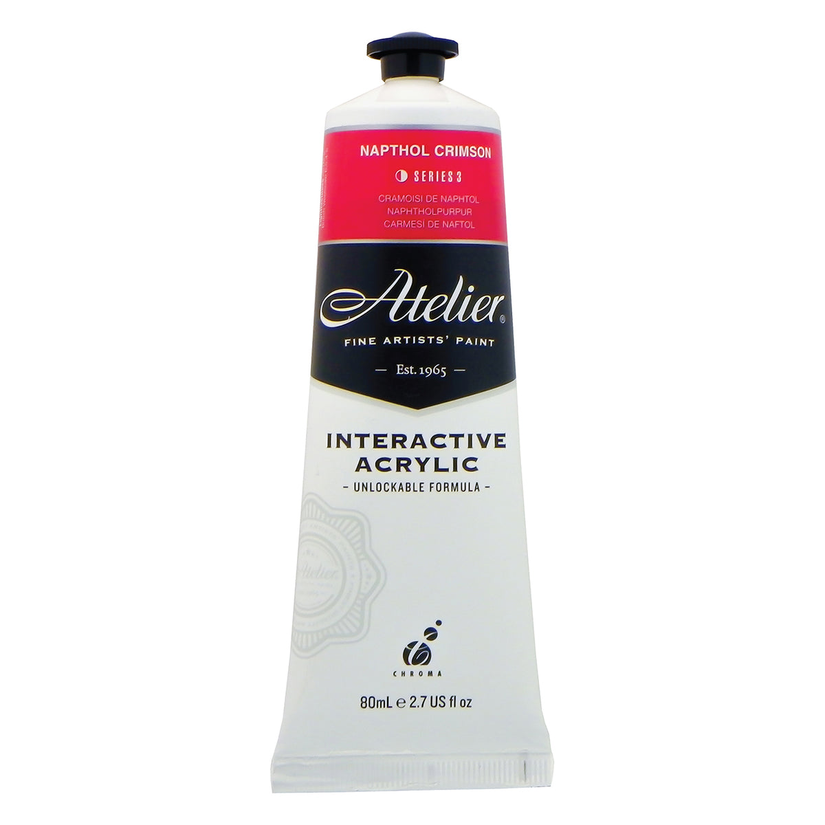 Chroma Atelier Interactive Acrylic Paint 80ml Napthol Crimson: front of the tube showing the crimson band, Series 3 and the Interactive Acrylic Unlockable Formula label