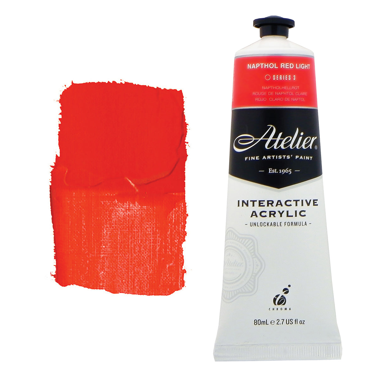 Chroma Atelier Interactive Acrylic Paint 80ml Napthol Red Light: tube with a bright red colour band beside a painted swatch of a bright, orange-leaning tomato red