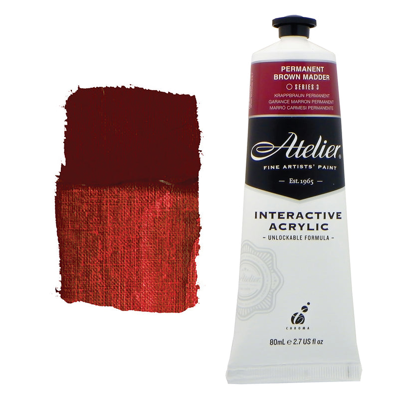 Chroma Atelier Interactive Acrylic Paint 80ml Permanent Brown Madder: tube with a maroon colour band beside a painted swatch of a dark oxblood maroon with coppery red-brown thin areas