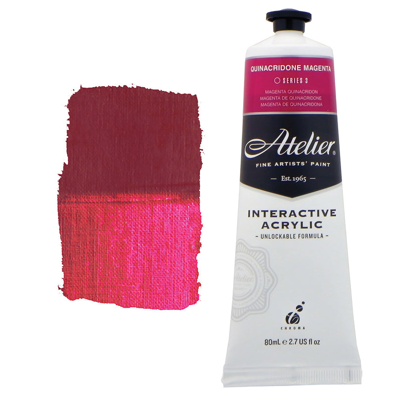 Chroma Atelier Interactive Acrylic Paint 80ml Quinacridone Magenta: tube with a magenta colour band beside a painted swatch of a wine-burgundy that shifts to raspberry pink when thinned