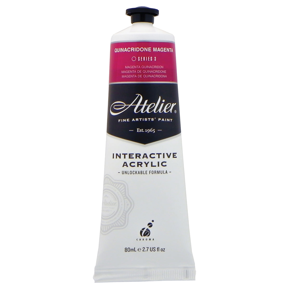 Chroma Atelier Interactive Acrylic Paint 80ml Quinacridone Magenta: front of the tube showing the magenta band, Series 3 and the Interactive Acrylic Unlockable Formula label