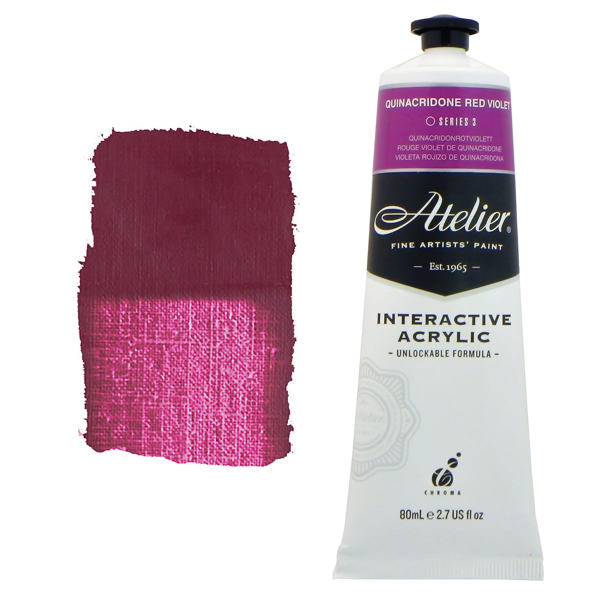 Chroma Atelier Interactive Acrylic Paint 80ml Quinacridone Red Violet: tube with an orchid purple colour band beside a painted swatch of a dark plum turning orchid pink-violet when thin