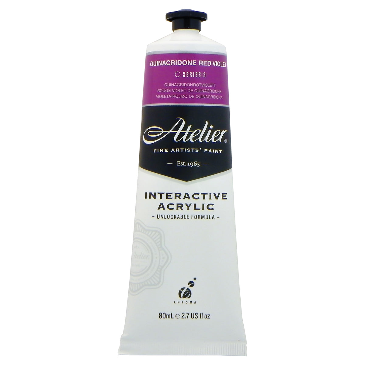 Chroma Atelier Interactive Acrylic Paint 80ml Quinacridone Red Violet: front of the tube showing the orchid purple band, Series 3 and the Interactive Acrylic Unlockable Formula label