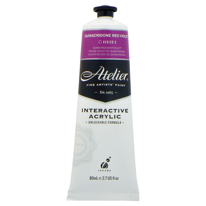 Chroma Atelier Interactive Acrylic Paint 80ml Quinacridone Red Violet: front of the tube showing the orchid purple band, Series 3 and the Interactive Acrylic Unlockable Formula label