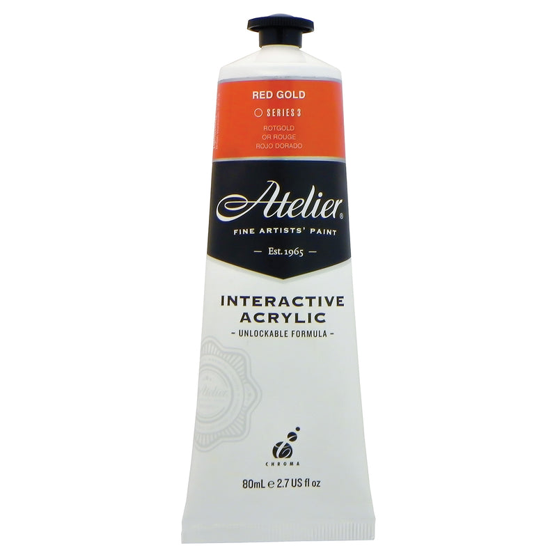 Chroma Atelier Interactive Acrylic Paint 80ml Red Gold: front of the tube showing the burnt orange band, Series 3 and the Interactive Acrylic Unlockable Formula label