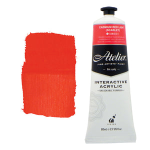 Chroma Atelier Interactive Acrylic Paint 80ml Cadmium Red Light (Scarlet): tube with a scarlet colour band beside a painted swatch of a fiery, orange-leaning scarlet