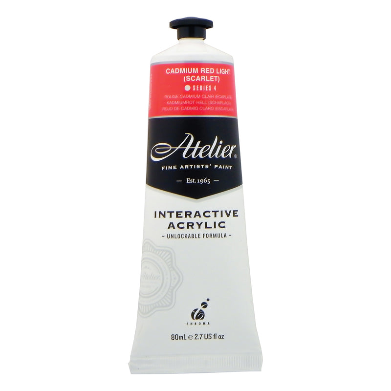 Chroma Atelier Interactive Acrylic Paint 80ml Cadmium Red Light (Scarlet): front of the tube showing the scarlet band, Series 4 and the Interactive Acrylic Unlockable Formula label
