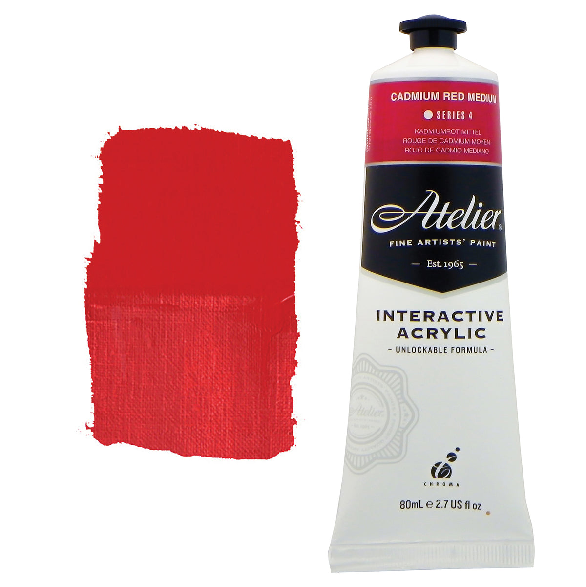 Chroma Atelier Interactive Acrylic Paint 80ml Cadmium Red Medium: tube with a raspberry red colour band beside a painted swatch of a rich, slightly cool mid red