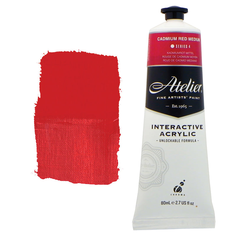 Chroma Atelier Interactive Acrylic Paint 80ml Cadmium Red Medium: tube with a raspberry red colour band beside a painted swatch of a rich, slightly cool mid red