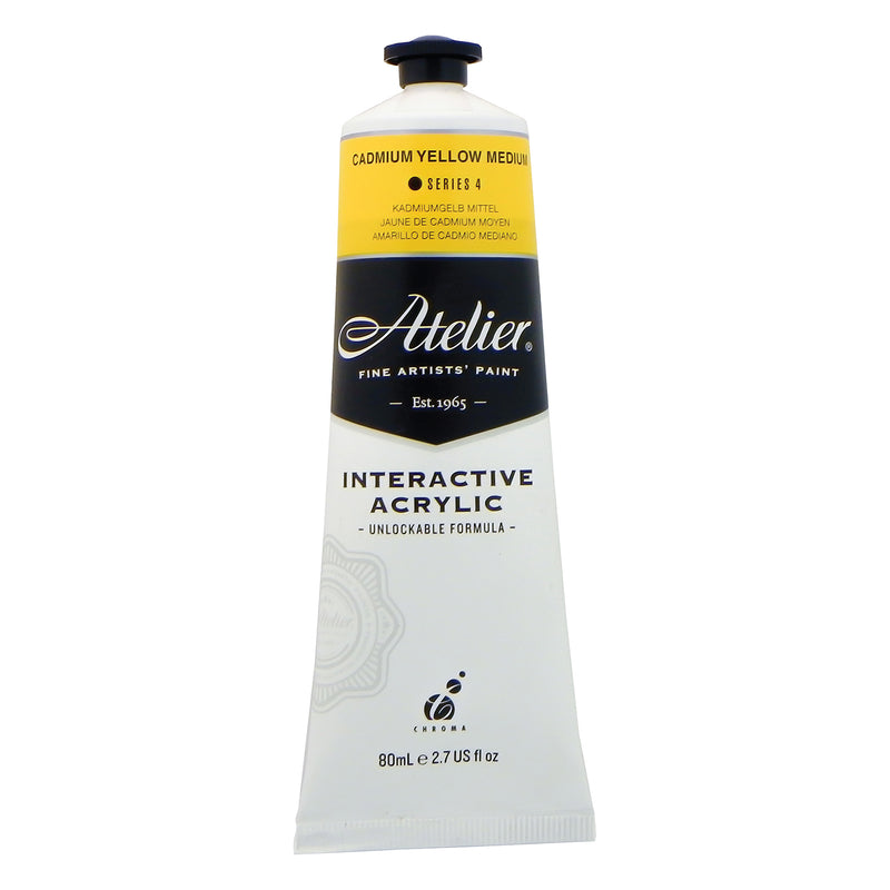 Chroma Atelier Interactive Acrylic Paint 80ml Cadmium Yellow Medium: front of the tube showing the sunflower yellow band, Series 4 and the Interactive Acrylic Unlockable Formula label