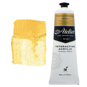 Chroma Atelier Interactive Acrylic Paint 80ml Pale Gold (Micaceous): tube with a pale gold colour band beside a painted swatch of a soft, buttery light gold