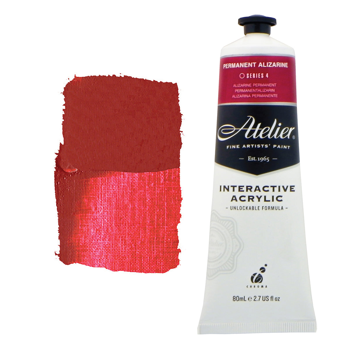 Chroma Atelier Interactive Acrylic Paint 80ml Permanent Alizarine: tube with a crimson colour band beside a painted swatch of a deep brick crimson turning rose red when thin