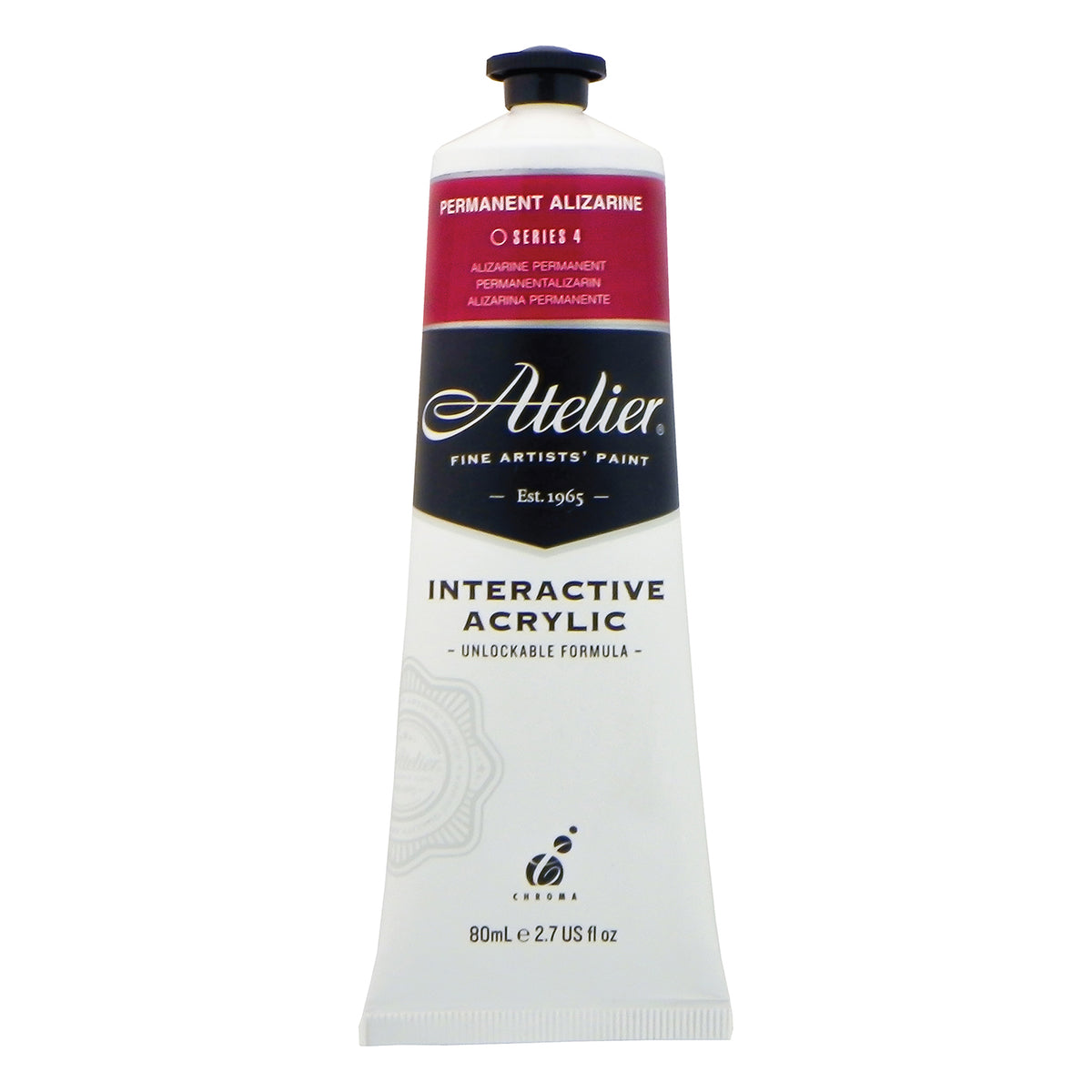 Chroma Atelier Interactive Acrylic Paint 80ml Permanent Alizarine: front of the tube showing the crimson band, Series 4 and the Interactive Acrylic Unlockable Formula label