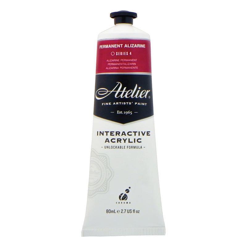 Chroma Atelier Interactive Acrylic Paint 80ml Permanent Alizarine: front of the tube showing the crimson band, Series 4 and the Interactive Acrylic Unlockable Formula label