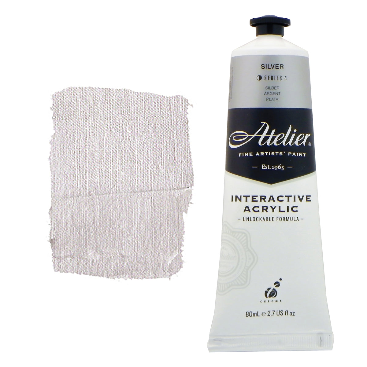 Chroma Atelier Interactive Acrylic Paint 80ml Silver: tube with a silver-grey colour band beside a painted swatch of a soft, shimmering pale silver grey