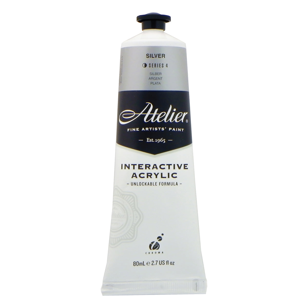 Chroma Atelier Interactive Acrylic Paint 80ml Silver: front of the tube showing the silver-grey band, Series 4 and the Interactive Acrylic Unlockable Formula label