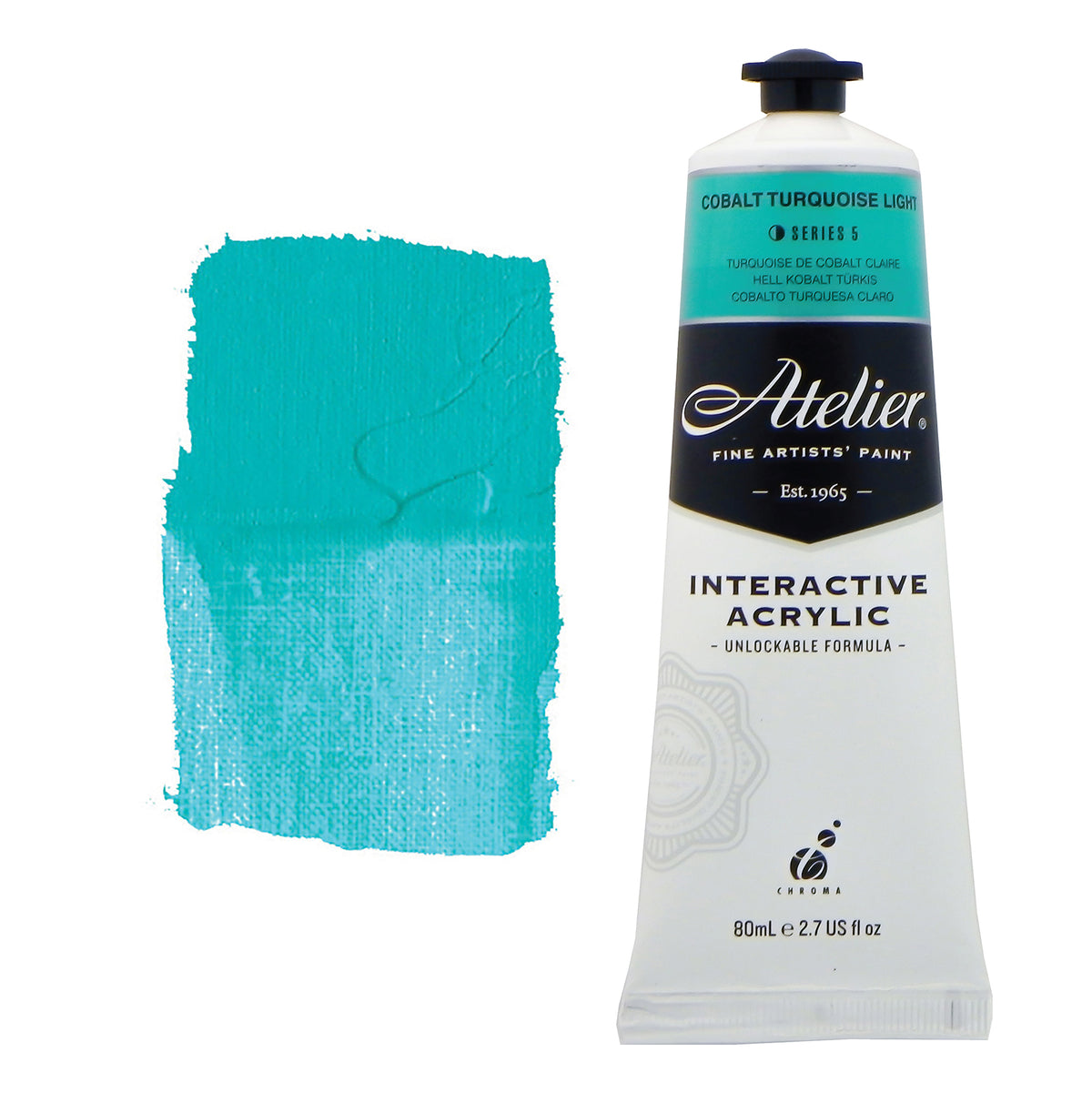 Chroma Atelier Interactive Acrylic Paint 80ml Cobalt Turquoise Light: tube with an aqua colour band beside a painted swatch of a bright, swimming-pool aqua turquoise