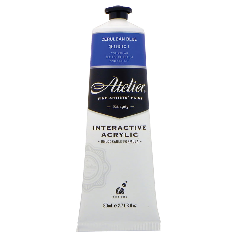 Chroma Atelier Interactive Acrylic Paint 80ml Cerulean Blue: front of the tube showing the mid blue band, Series 6 and the Interactive Acrylic Unlockable Formula label