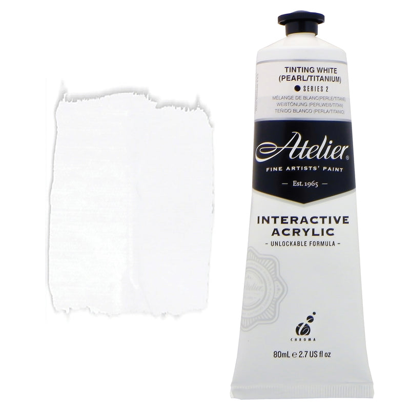 Chroma Atelier Interactive Acrylic Paint 80ml Tinting White (Pearl/Titanium): tube with a white colour band beside a painted swatch of a crisp, clean white