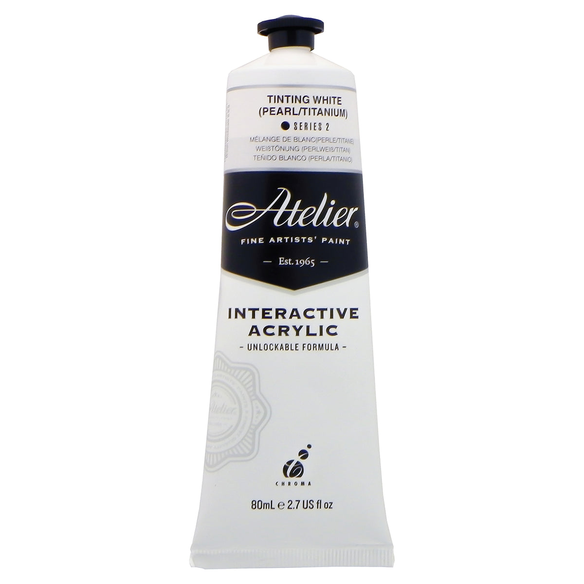 Chroma Atelier Interactive Acrylic Paint 80ml Tinting White (Pearl/Titanium): front of the tube showing the white band, Series 2 and the Interactive Acrylic Unlockable Formula label